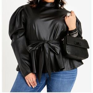 ASHLEY STEWART Faux Leather Puff Sleeve Self Tie Waist Peplum Top NWT! 18/20